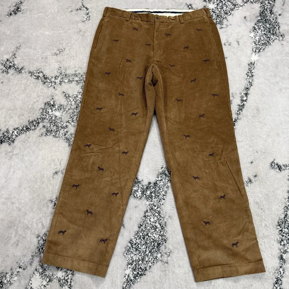 Brooks Brothers Hudson Mens 38X32 Corduroy Pants Embroidered Dogs Print Brown